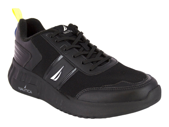 Tenis deportivos Nautica Cyril en color negro con detalles amarillos y suela robusta.