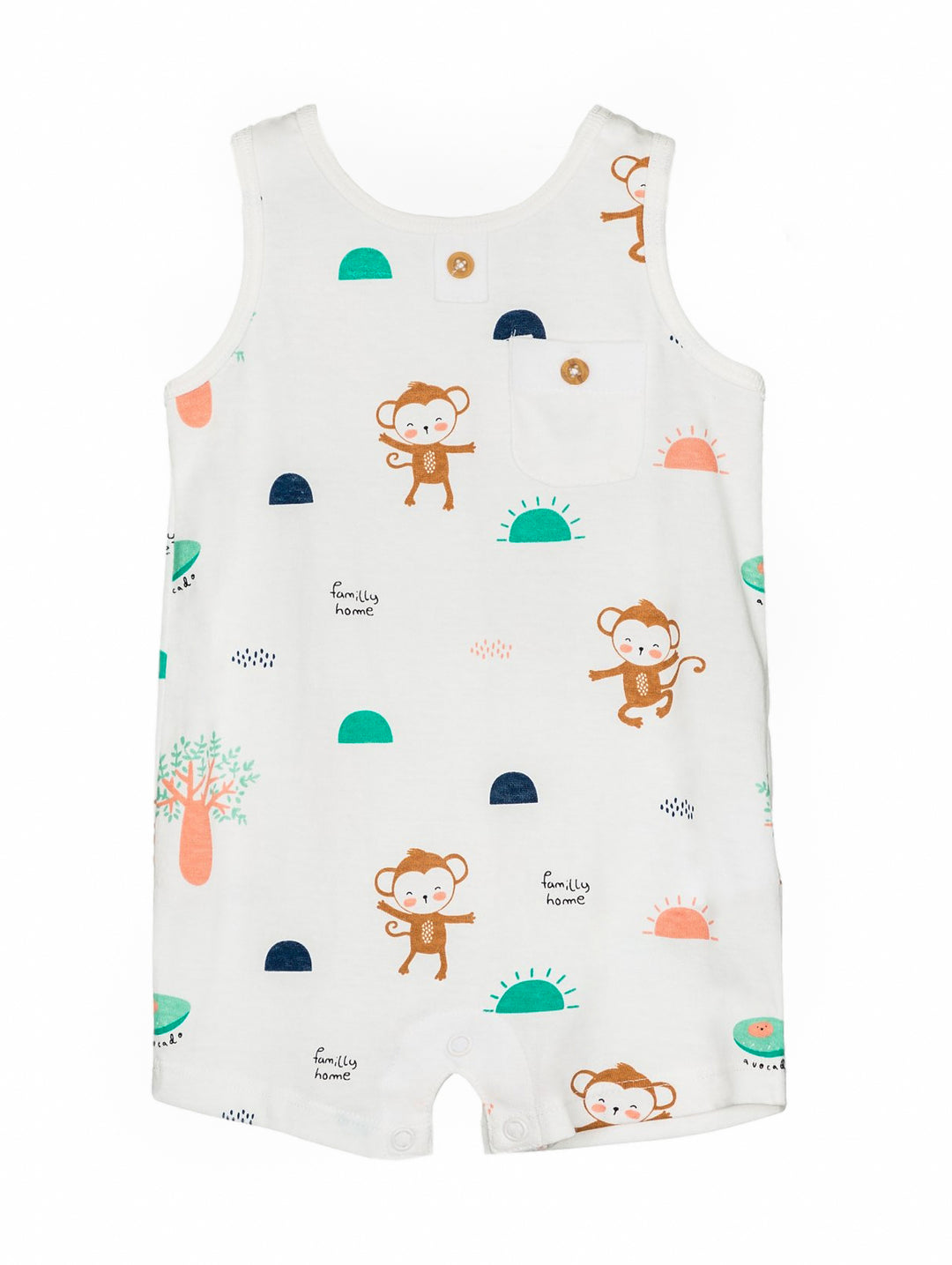 Pijama mameluco color crudo para bebé con estampado de monos y figuras geométricas