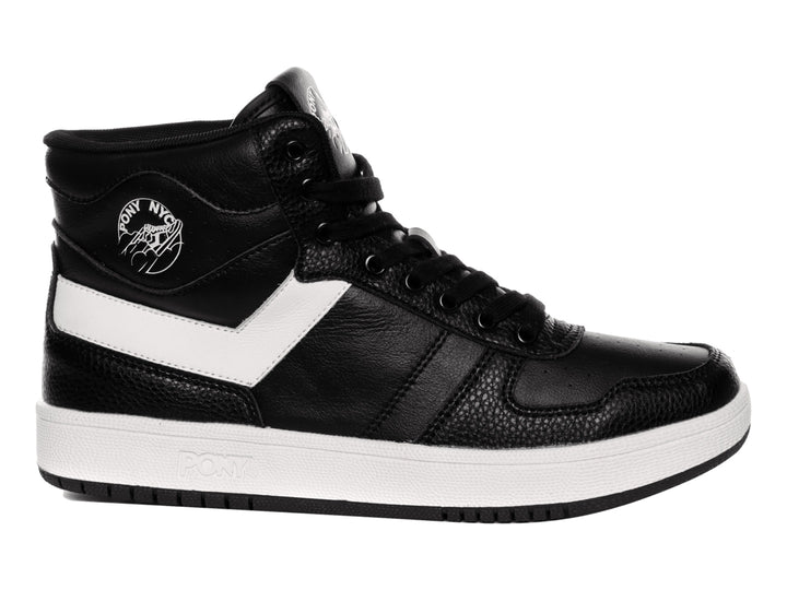 Tenis PONY high-top color negro con franja lateral y suela blanca.