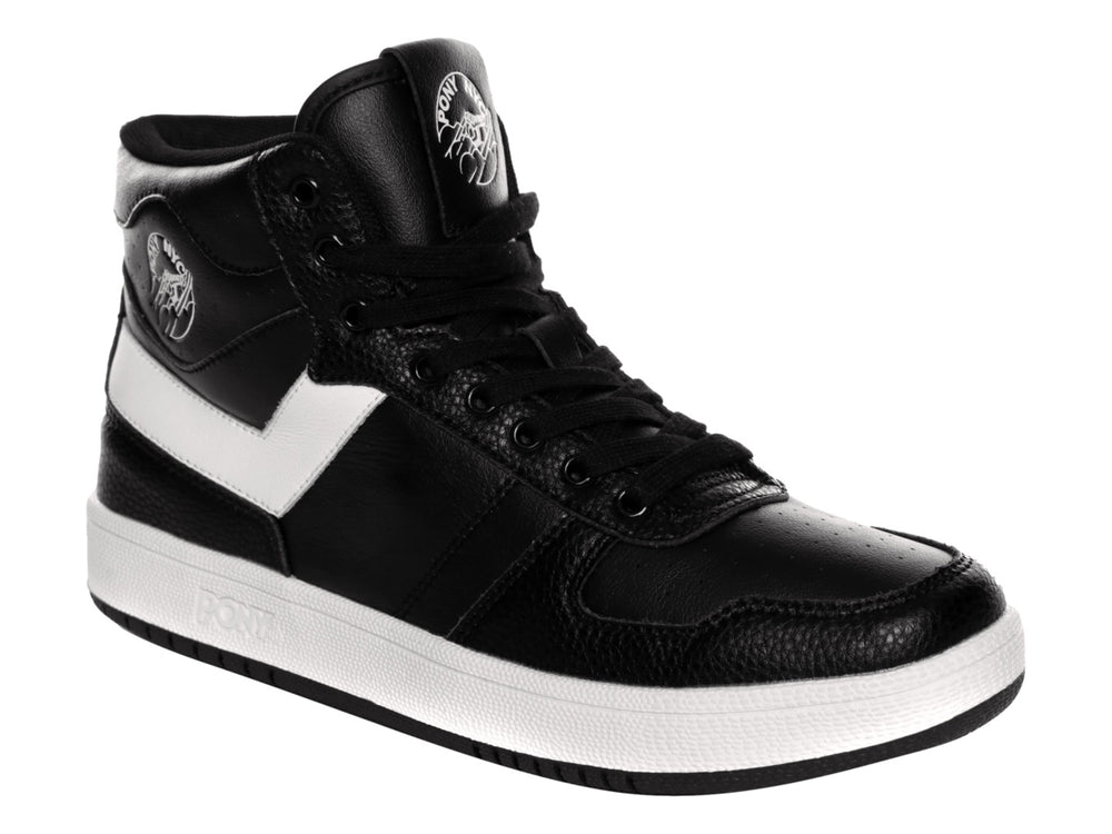 Tenis PONY high-top color negro con franja lateral y suela blanca.
