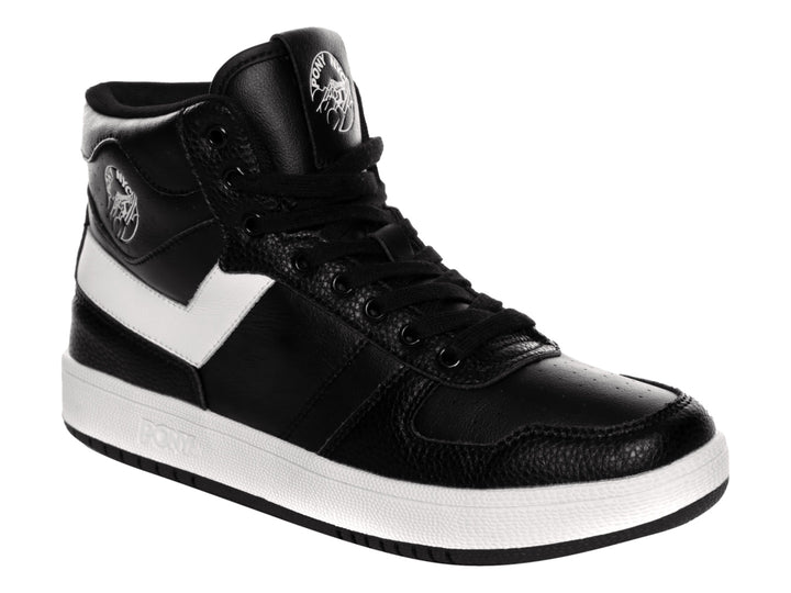 Tenis PONY high-top color negro con franja lateral y suela blanca.