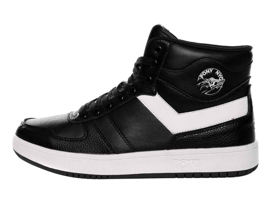 Tenis PONY high-top color negro con franja lateral y suela blanca.