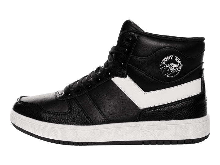 Tenis PONY high-top color negro con franja lateral y suela blanca.