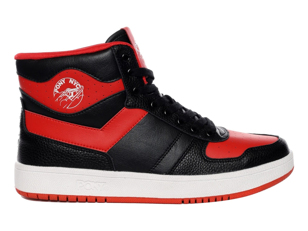 Tenis PONY de corte alto en colores negro y rojo con suela blanca.