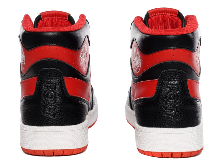 Tenis PONY de corte alto en colores negro y rojo con suela blanca.
