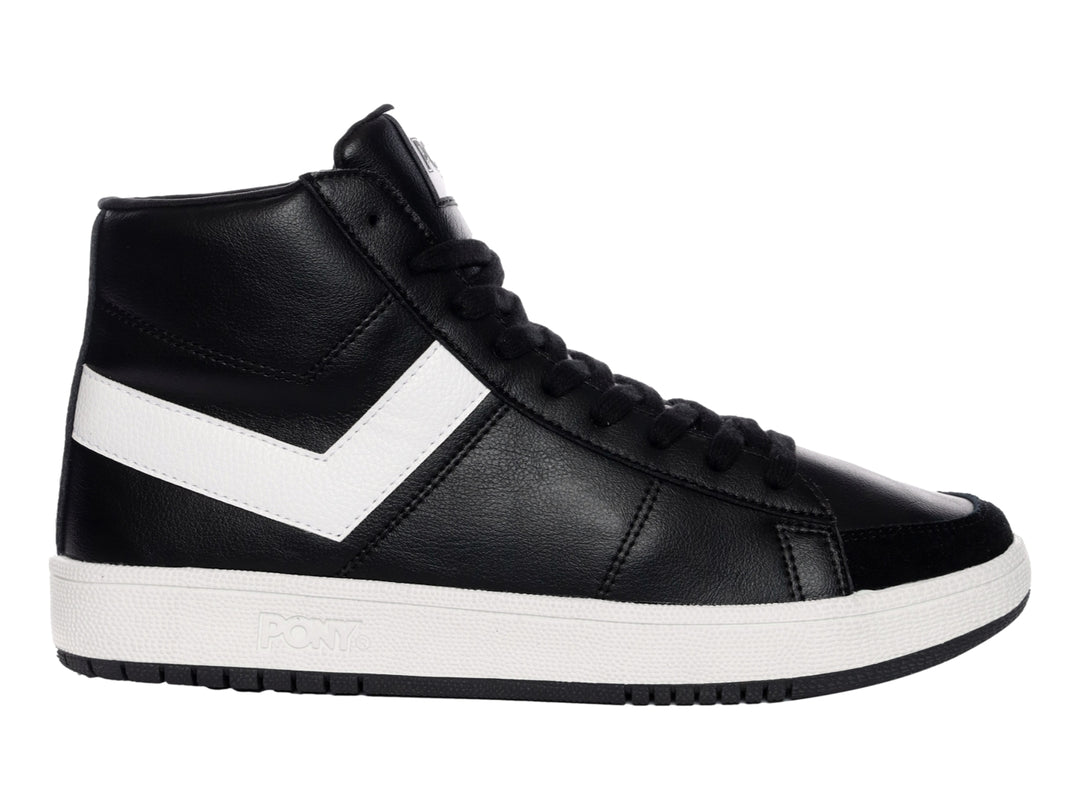 Tenis PONY Pro 80 HI de corte alto en color negro con suela y detalle lateral en blanco.
