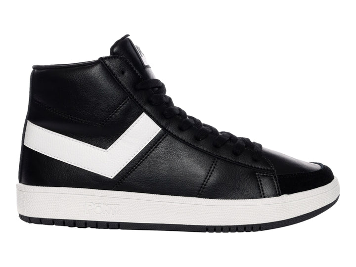 Tenis PONY Pro 80 HI de corte alto en color negro con suela y detalle lateral en blanco.