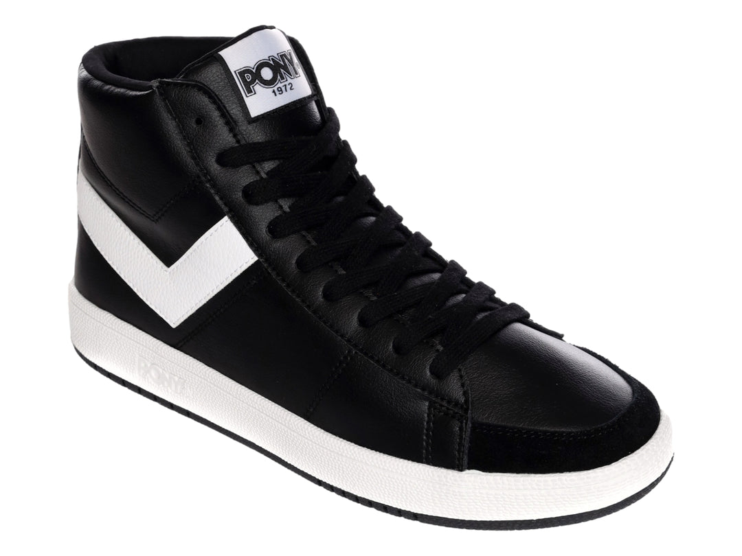 Tenis PONY Pro 80 HI de corte alto en color negro con suela y detalle lateral en blanco.