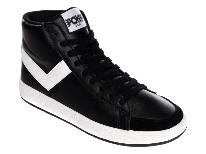 Tenis PONY Pro 80 HI de corte alto en color negro con suela y detalle lateral en blanco.