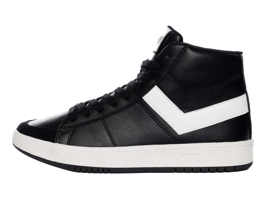Tenis PONY Pro 80 HI de corte alto en color negro con suela y detalle lateral en blanco.