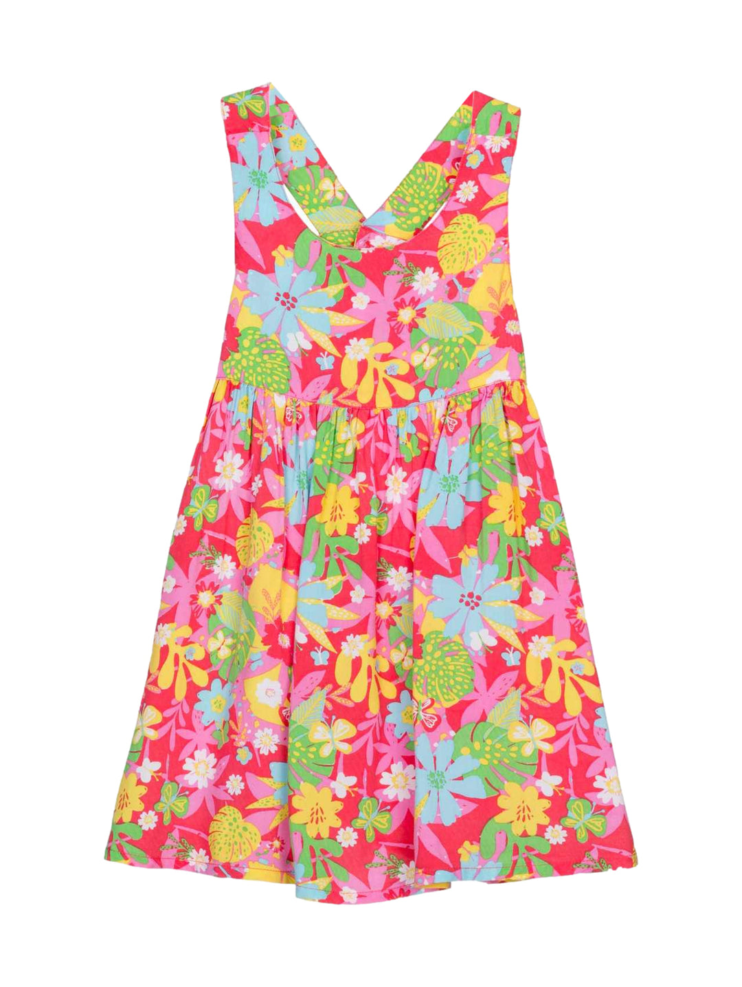 Vestido para niña sin mangas con estampado floral multicolor en tonos rosa, amarillo y turquesa.