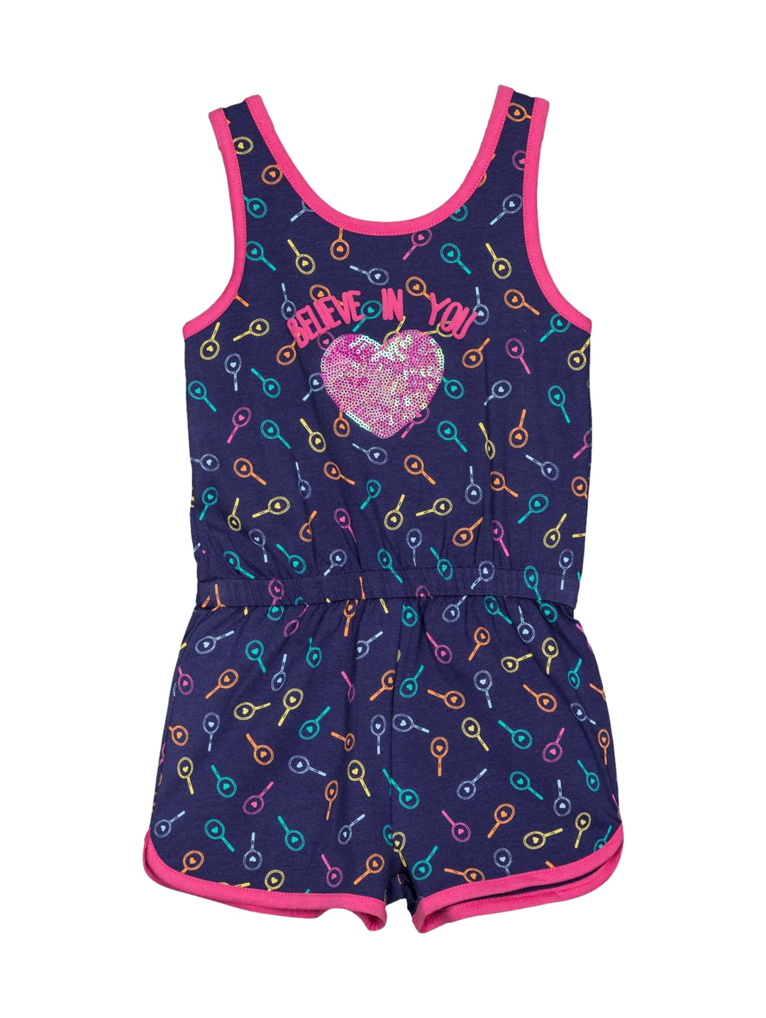 Jumper para niña color azul eclipse con corazón brillante y ribete rosa.
