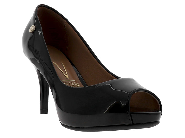 Zapato de tacón alto color negro brillante con plataforma y punta abierta para Mujer.