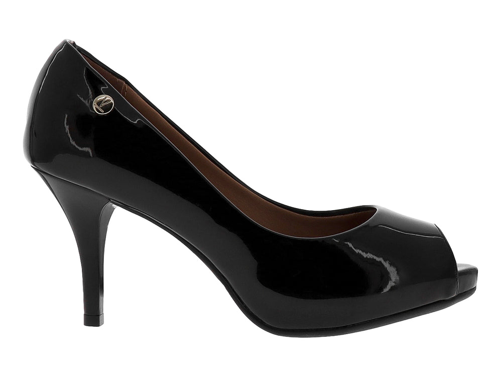 Zapato de tacón alto color negro brillante con plataforma y punta abierta para Mujer.