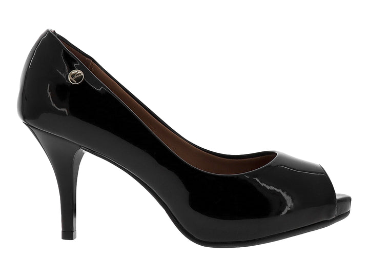 Zapato de tacón alto color negro brillante con plataforma y punta abierta para Mujer.