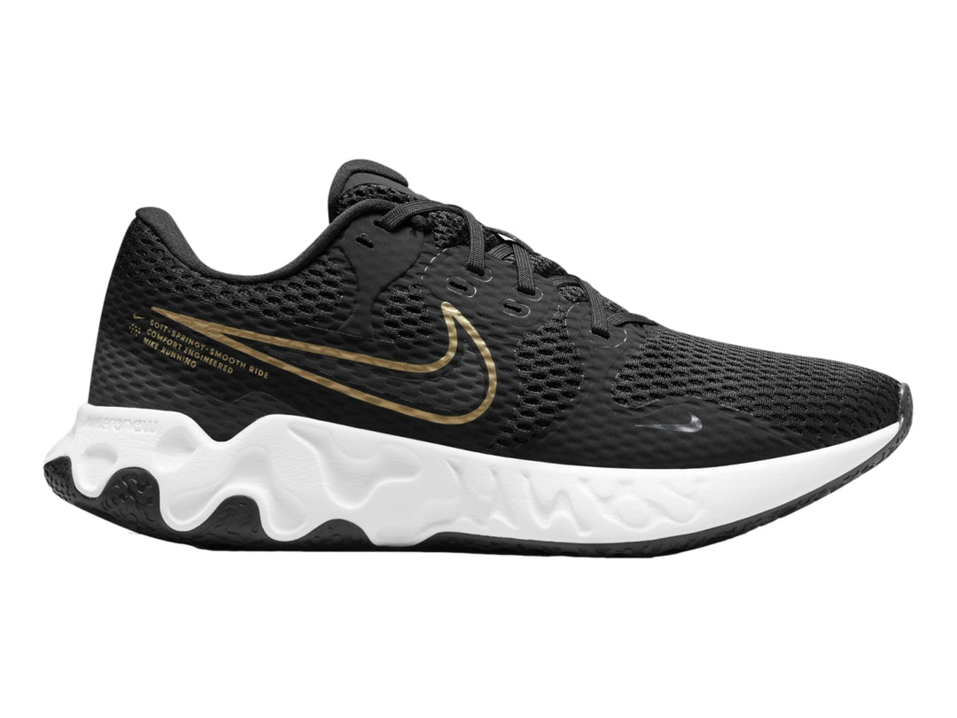 Tenis deportivos Nike Renew Ride 2 color negro con suela blanca y logotipo dorado.