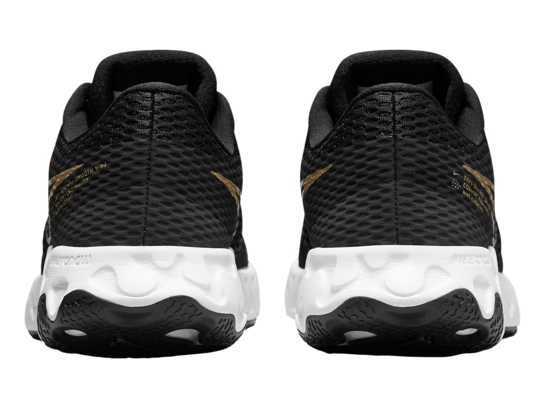 Tenis deportivos Nike Renew Ride 2 color negro con suela blanca y logotipo dorado.