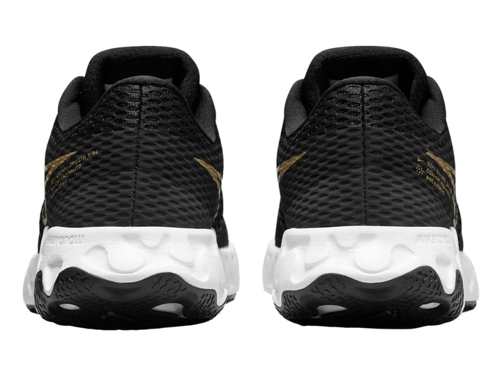 Tenis deportivos Nike Renew Ride 2 color negro con suela blanca y logotipo dorado.