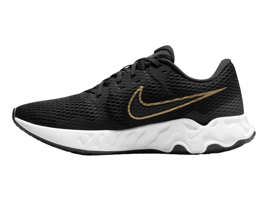 Tenis deportivos Nike Renew Ride 2 color negro con suela blanca y logotipo dorado.