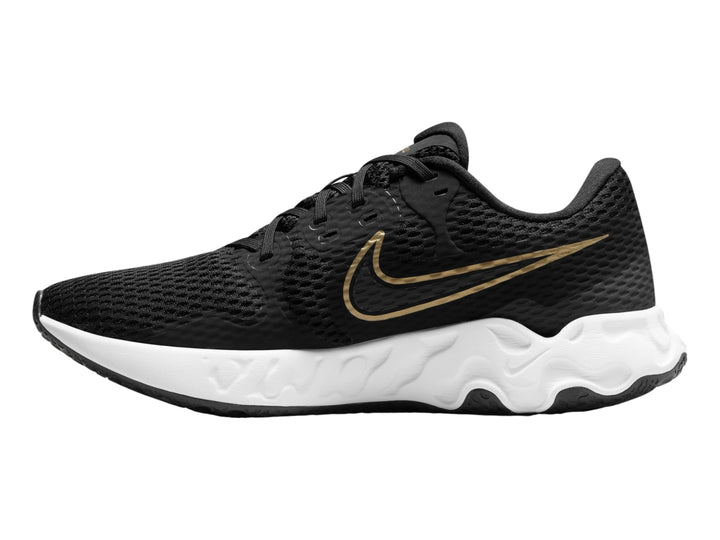 Tenis deportivos Nike Renew Ride 2 color negro con suela blanca y logotipo dorado.
