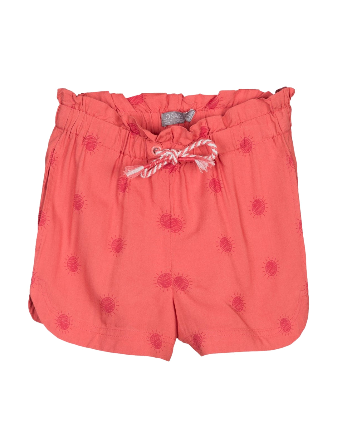 Shorts color salmón oscuro para niña con estampado de soles y cordón blanco en la cintura.