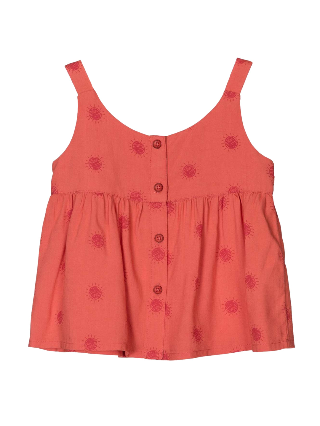 Blusa color salmón oscuro para niña, sin mangas, con botones frontales y estampado de soles.