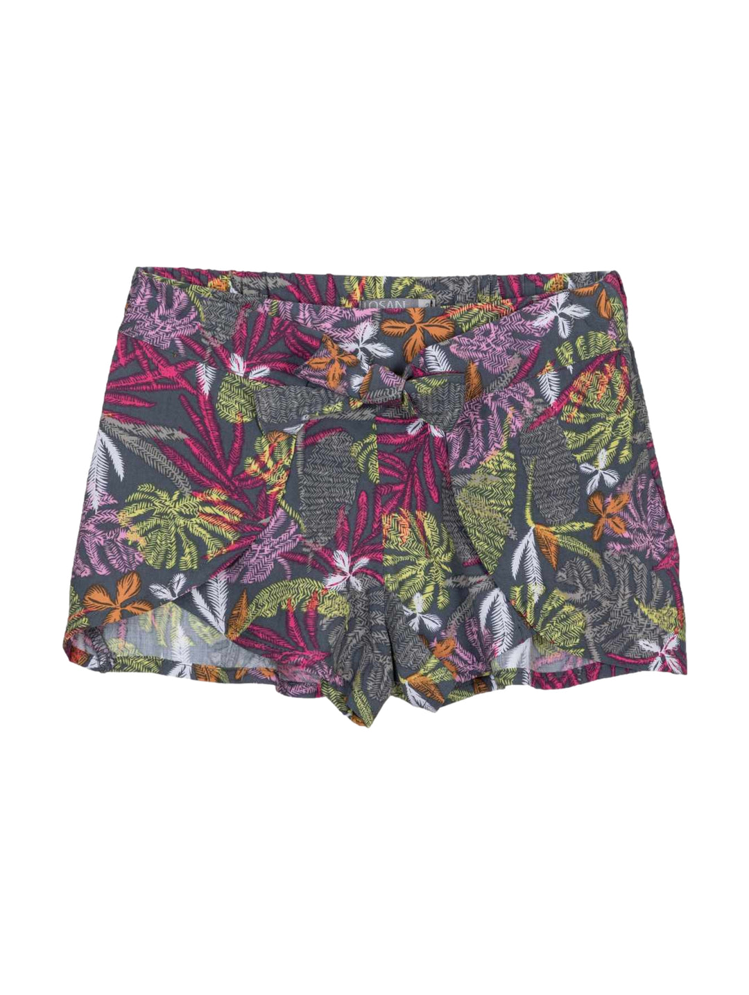 Short para niña con estampado floral multicolor en tonos rosa, verde y naranja sobre fondo gris oscuro.