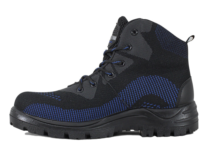 Bota de seguridad ARMADA color gris y negro con detalles azules y suela negra robusta.