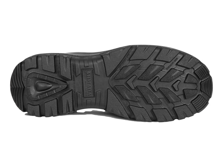 Bota de seguridad ARMADA color gris y negro con detalles azules y suela negra robusta.
