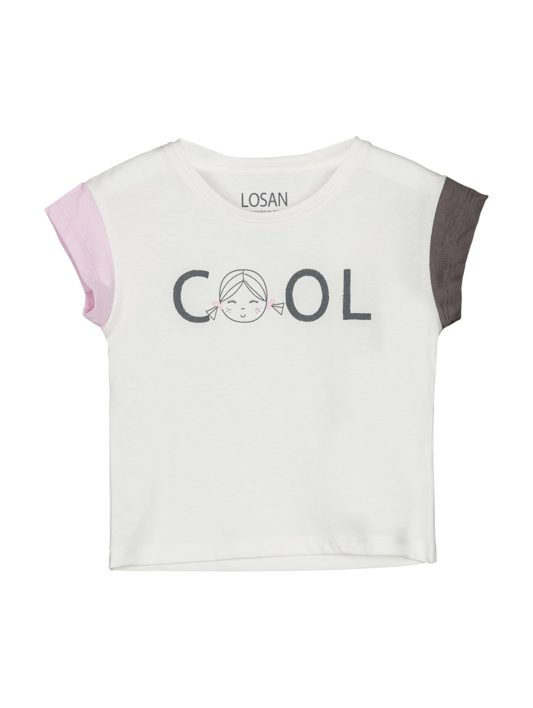 Camiseta para niña color crudo con mangas en rosa y gris y estampado 'COOL' en el pecho.
