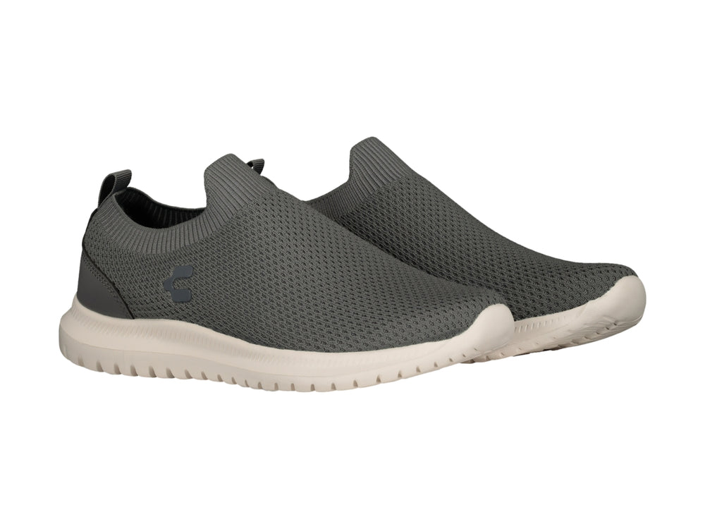 Tenis Charly color gris con suela blanca, diseño slip-on sin agujetas.