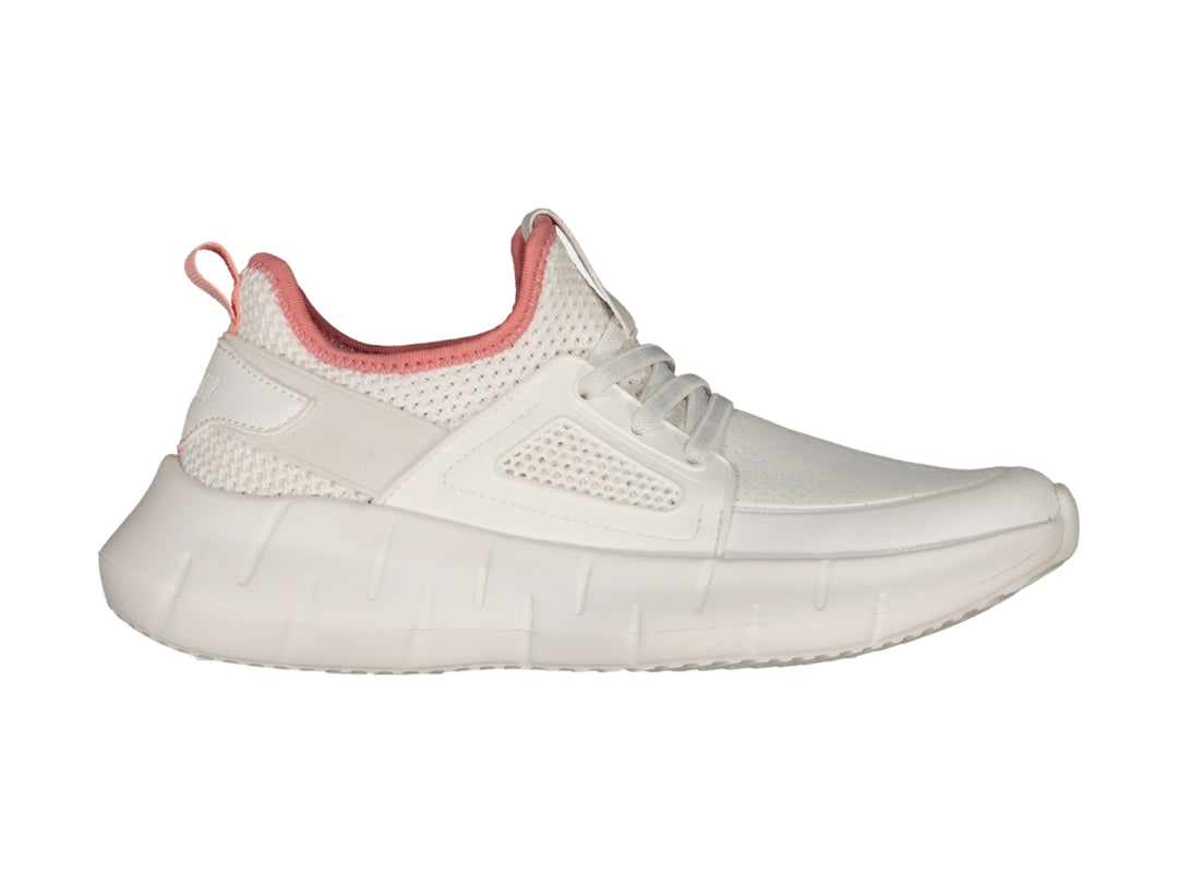 Tenis deportivos Charly color blanco con detalles en rosa en el cuello y lengüeta.