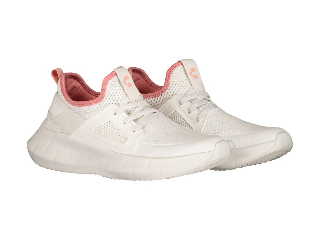 Tenis deportivos Charly color blanco con detalles en rosa en el cuello y lengüeta.
