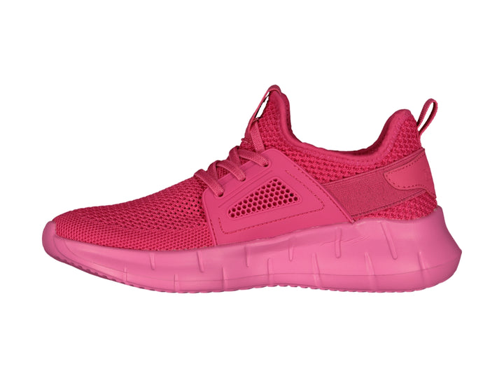 Tenis deportivos Charly color fucsia con diseño de malla y suela gruesa.