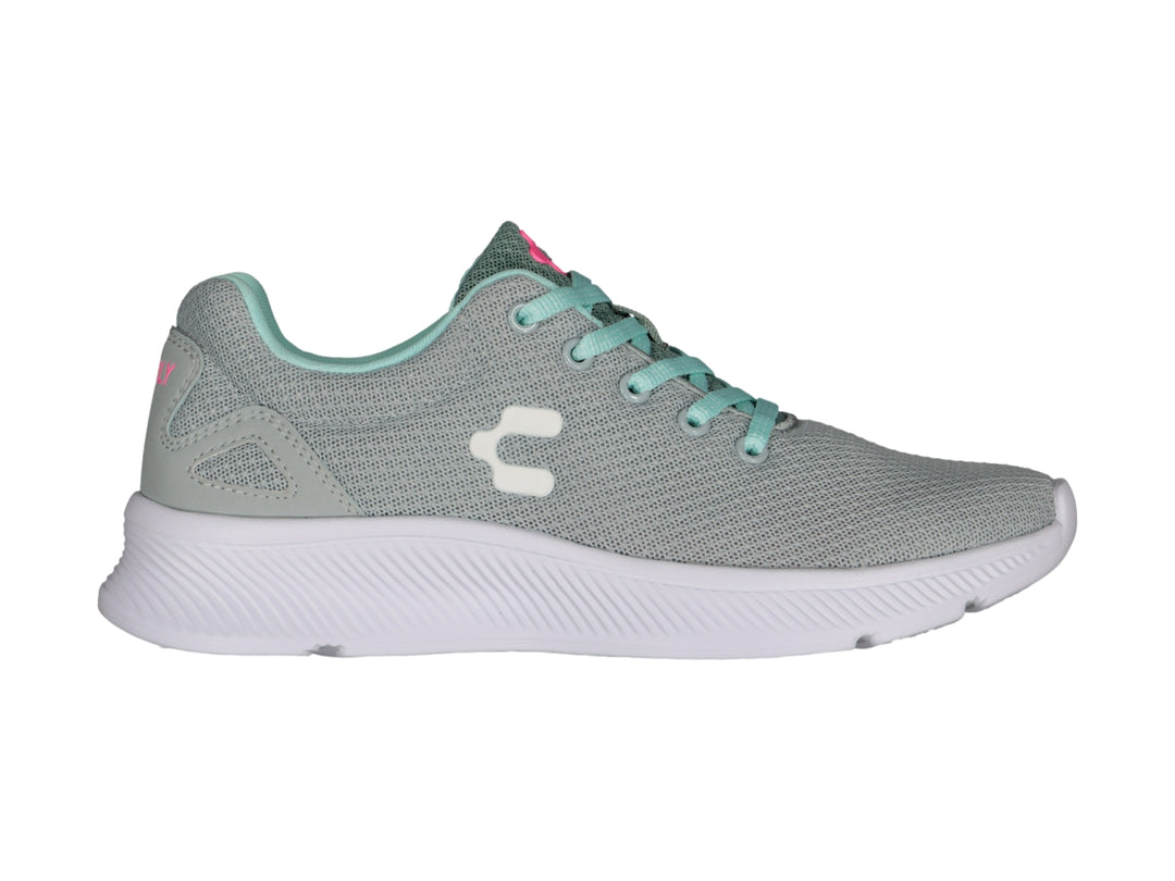 Tenis deportivos Charly color gris con detalles en aqua y suela blanca.