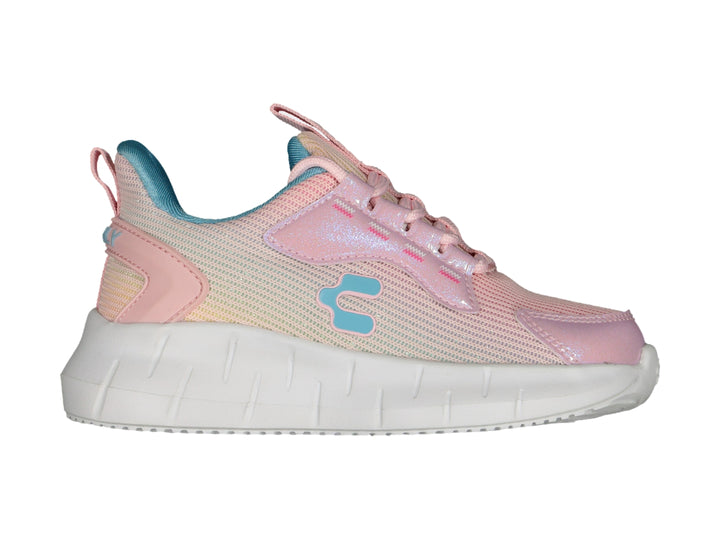 Tenis deportivos Charly en color rosa con detalles azules y suela blanca para niña.