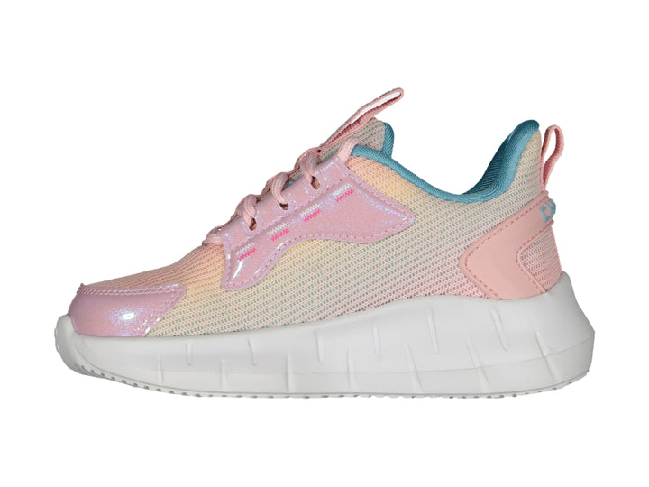 Tenis deportivos Charly en color rosa con detalles azules y suela blanca para niña.