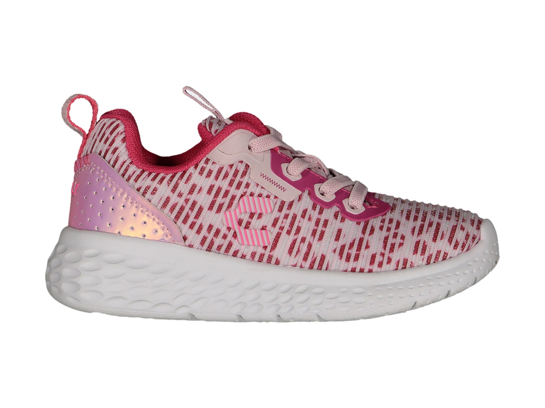 Tenis deportivos Charly color rosa y blanco con suela blanca texturizada.