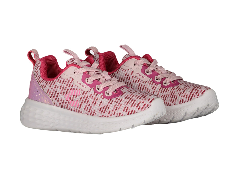 Tenis deportivos Charly color rosa y blanco con suela blanca texturizada.