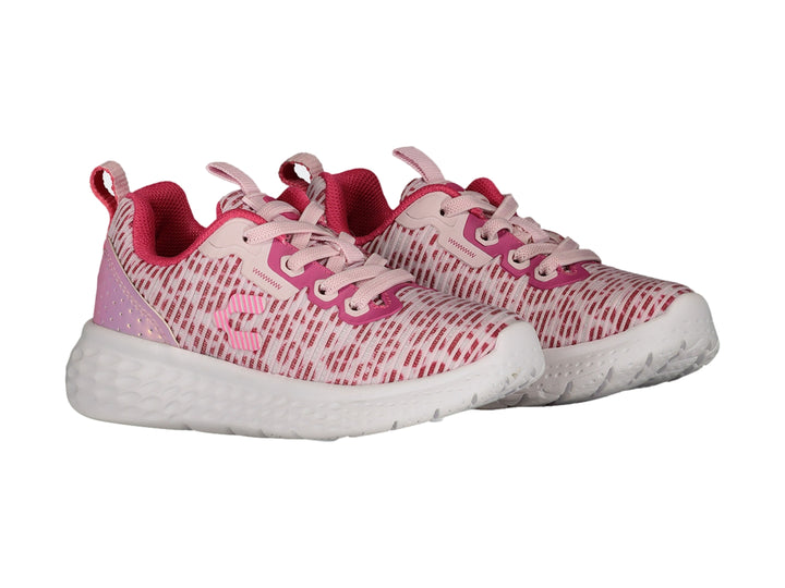 Tenis deportivos Charly color rosa y blanco con suela blanca texturizada.
