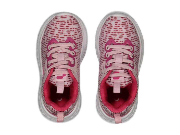 Tenis deportivos Charly color rosa y blanco con suela blanca texturizada.