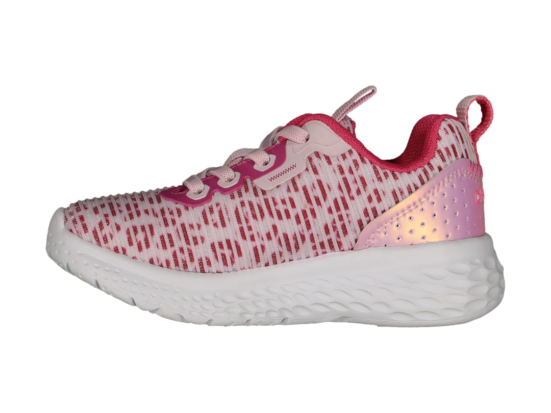 Tenis deportivos Charly color rosa y blanco con suela blanca texturizada.