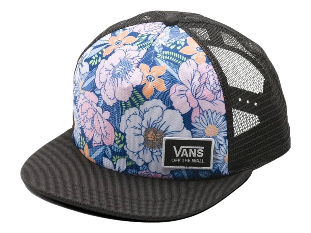 Gorra VANS estilo trucker con visera plana negra y panel frontal estampado de flores en tonos azul, rosa y naranja.