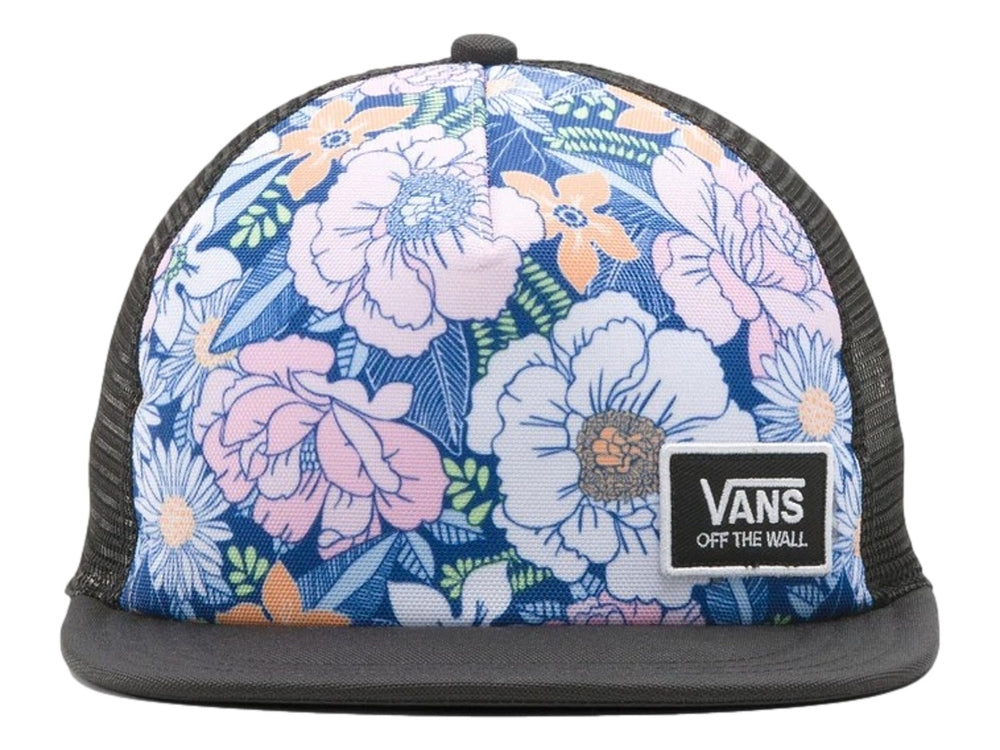 Gorra VANS estilo trucker con visera plana negra y panel frontal estampado de flores en tonos azul, rosa y naranja.