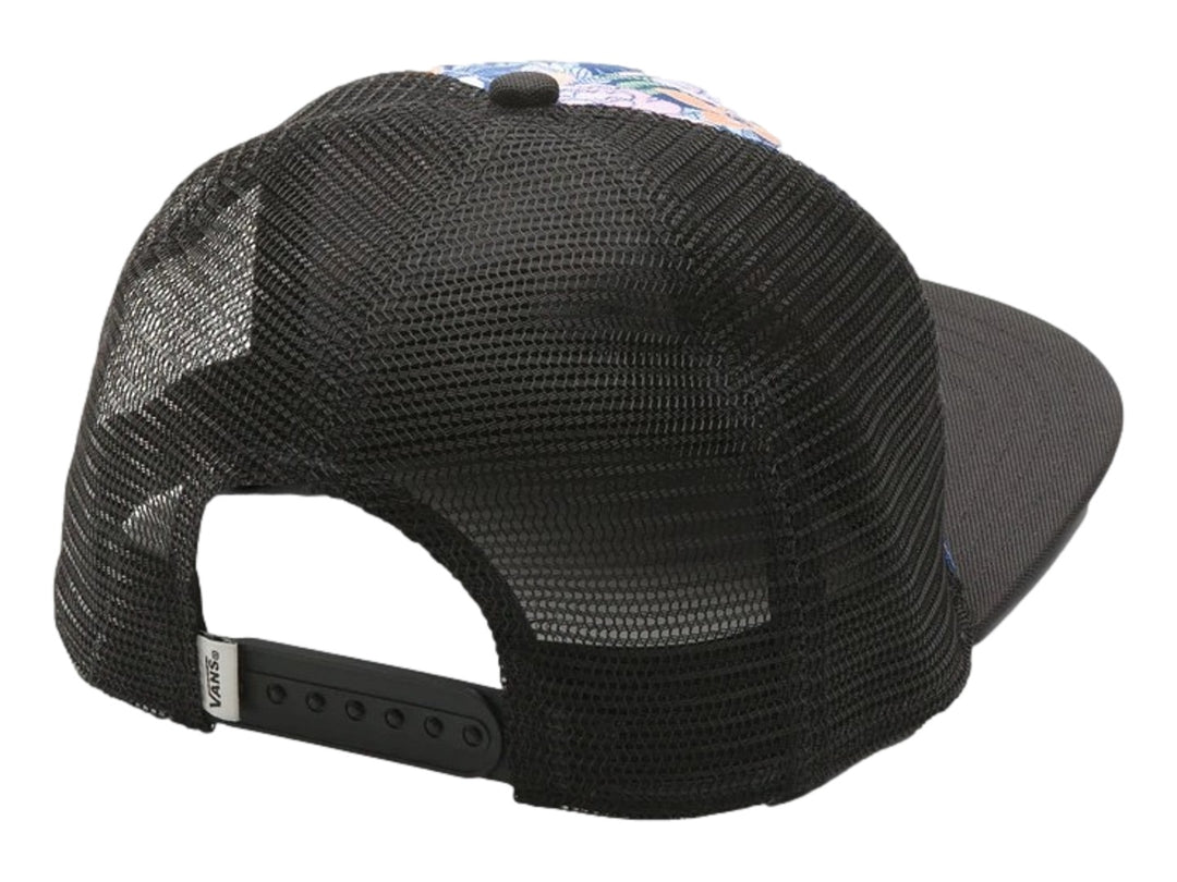 Gorra VANS estilo trucker con visera plana negra y panel frontal estampado de flores en tonos azul, rosa y naranja.