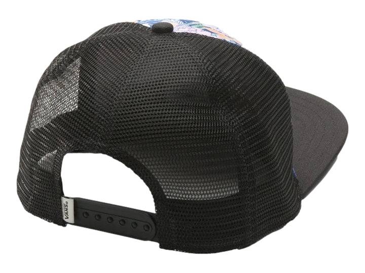 Gorra VANS estilo trucker con visera plana negra y panel frontal estampado de flores en tonos azul, rosa y naranja.
