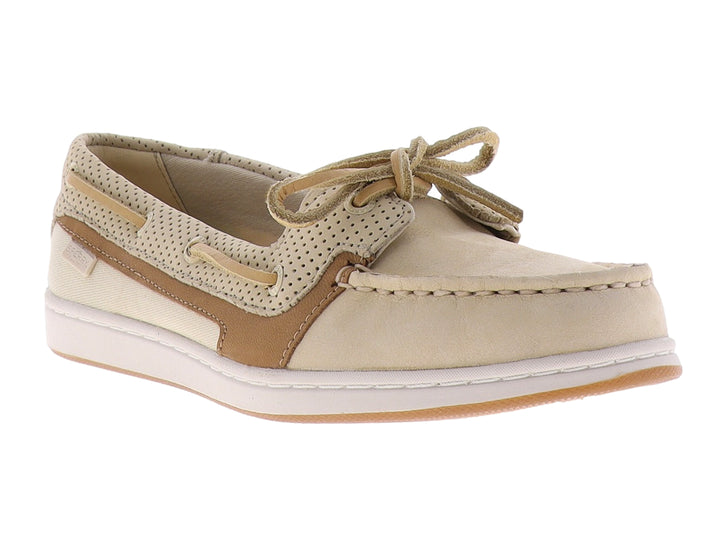 Zapato casual náutico Sperry color beige con detalles en marrón y suela blanca.