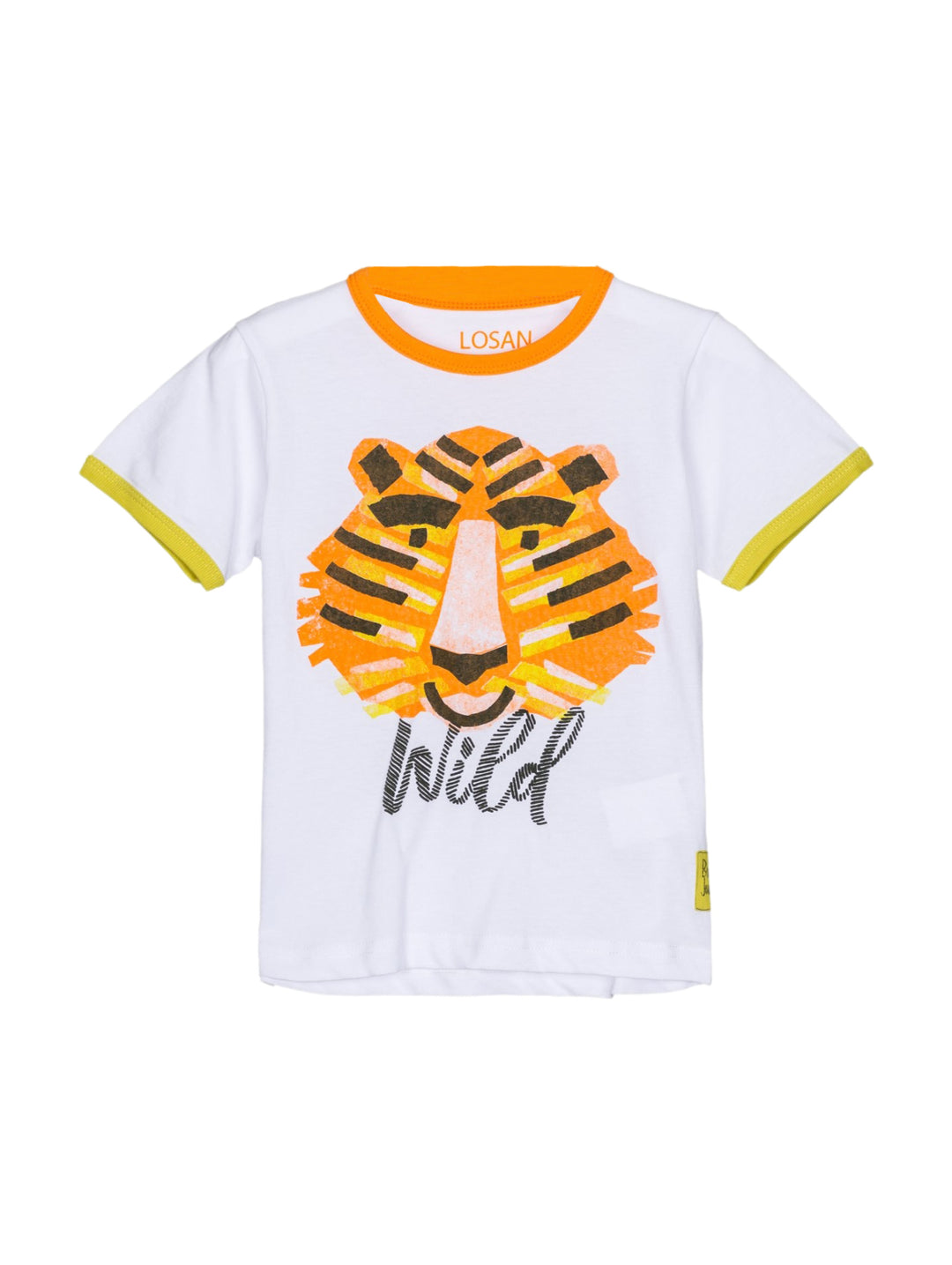 Camiseta blanca para niño con estampado de cara de tigre en naranja y amarillo y la palabra Wild.