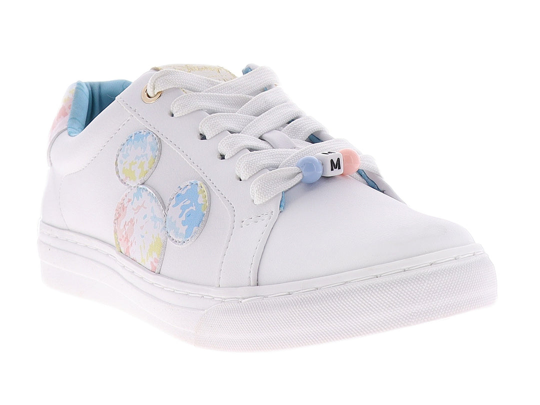 Tenis infantiles color ivory con detalles en colores pastel y suela blanca.