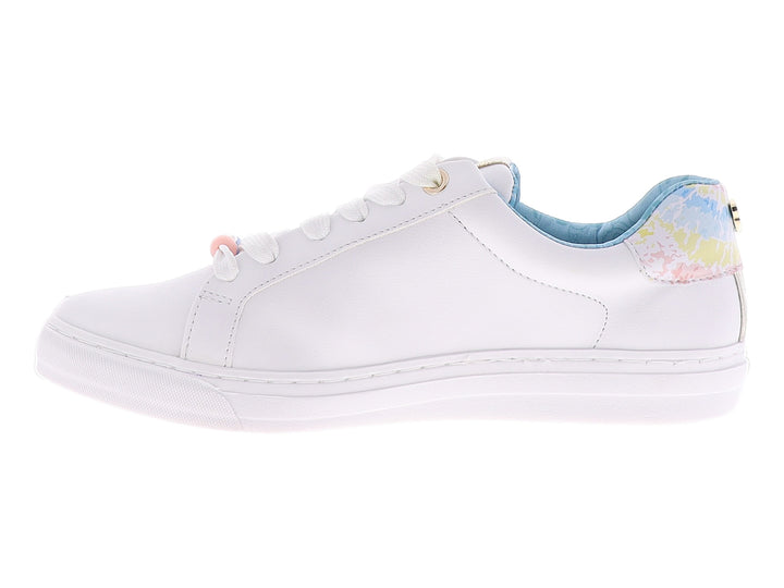 Tenis infantiles color ivory con detalles en colores pastel y suela blanca.